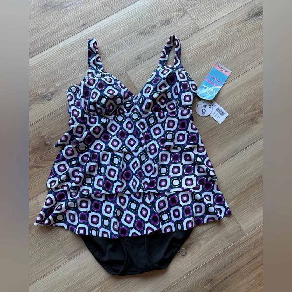 SWIM SOLUTIONS Women's Jewels Tiered Tummy Control One Piece Swimsuit sz 8 - Picture 4 of 6